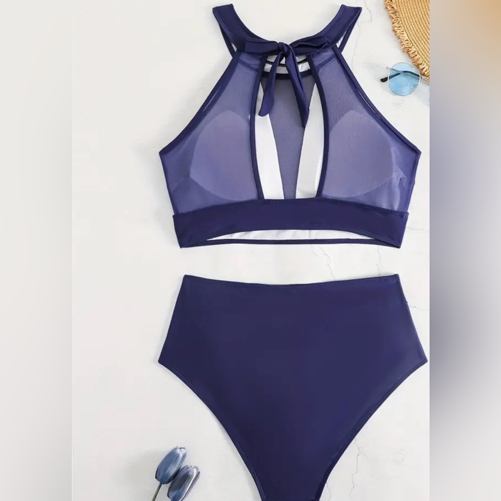 Plus Size Blue High Neck Mesh High Waist Bikini Set - Picture 4 of 8